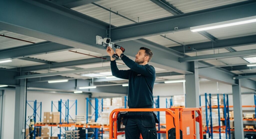 Technician installing CCTV cameras and cabling in an industrial facility