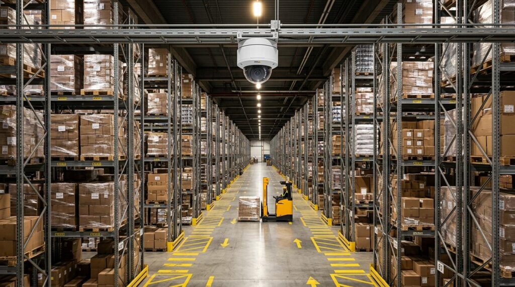 Warehouse CCTV camera monitoring storage racks and inventory
