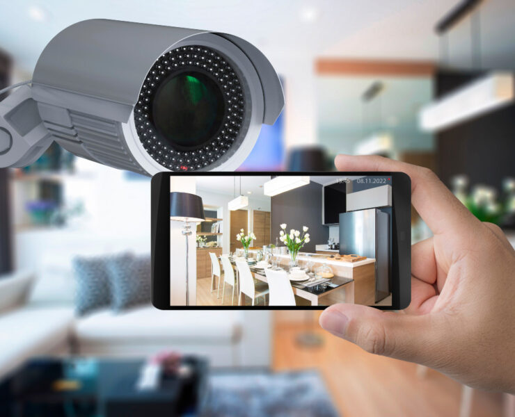 hand holding 3d rendering mobile connect with security camera