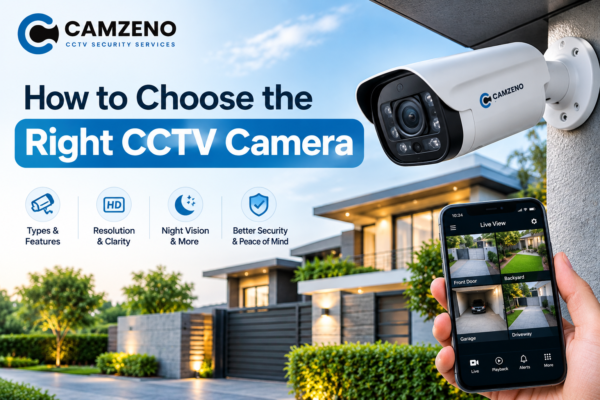 How to Choose the Right CCTV Camera – Camzeno CCTV Security Services guide featuring an outdoor security camera and home surveillance system.