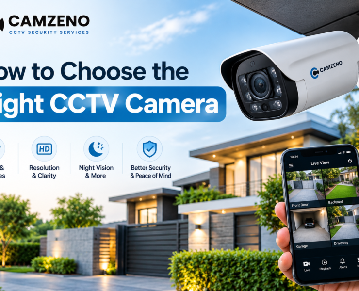 How to Choose the Right CCTV Camera – Camzeno CCTV Security Services guide featuring an outdoor security camera and home surveillance system.